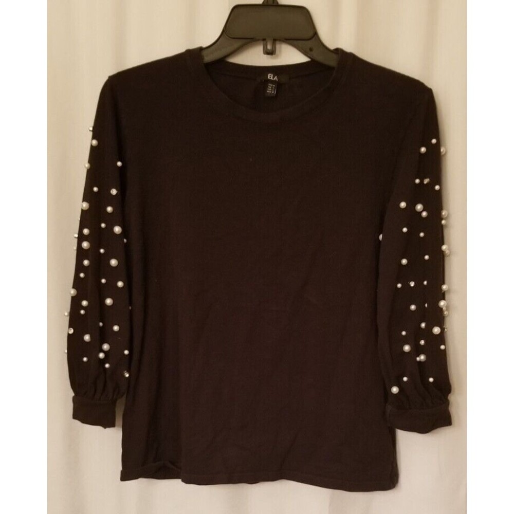 Women's Top Faux Pearl & Beaded Sleeves Black ELA Size Medium